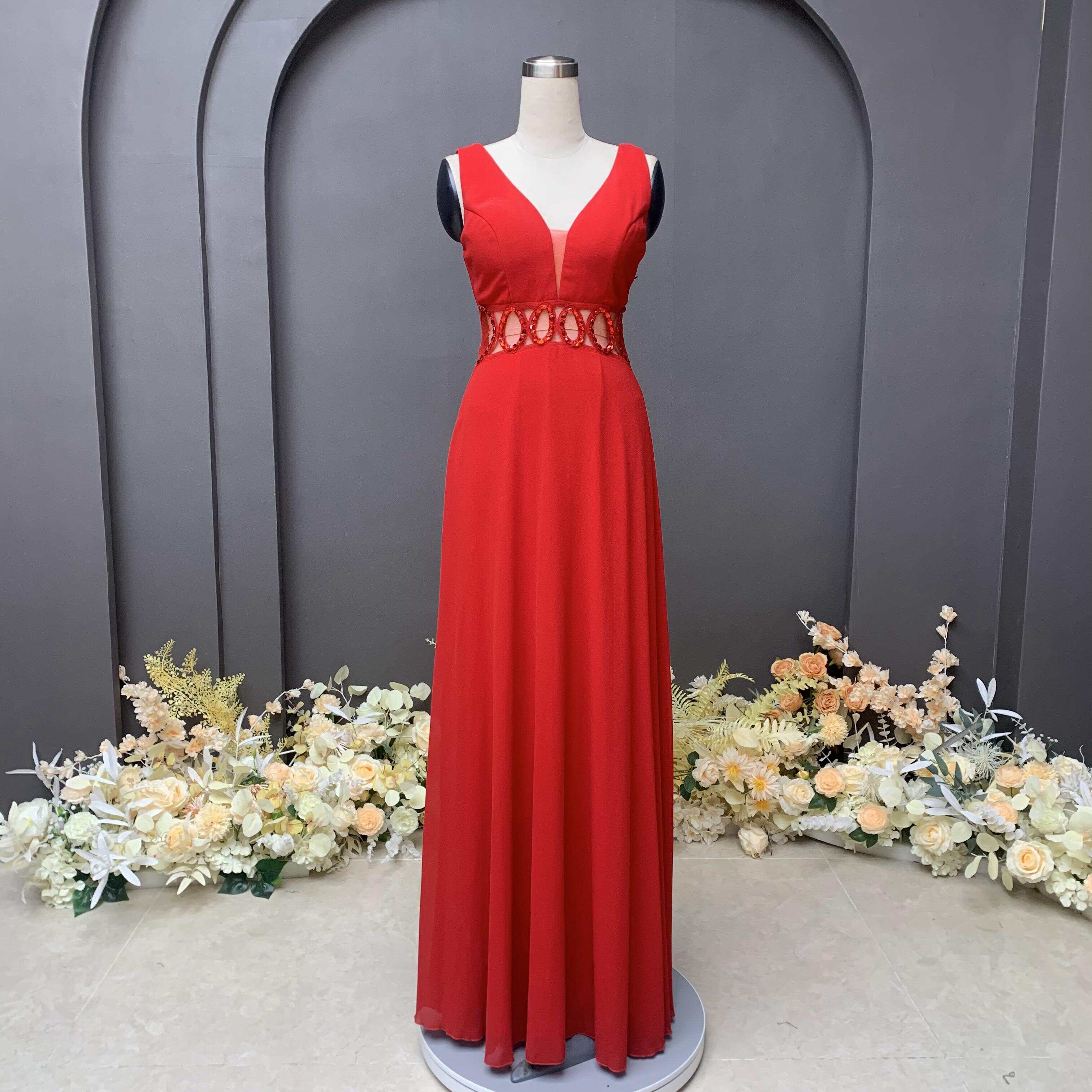 Red v neck rhinestone long evening dress