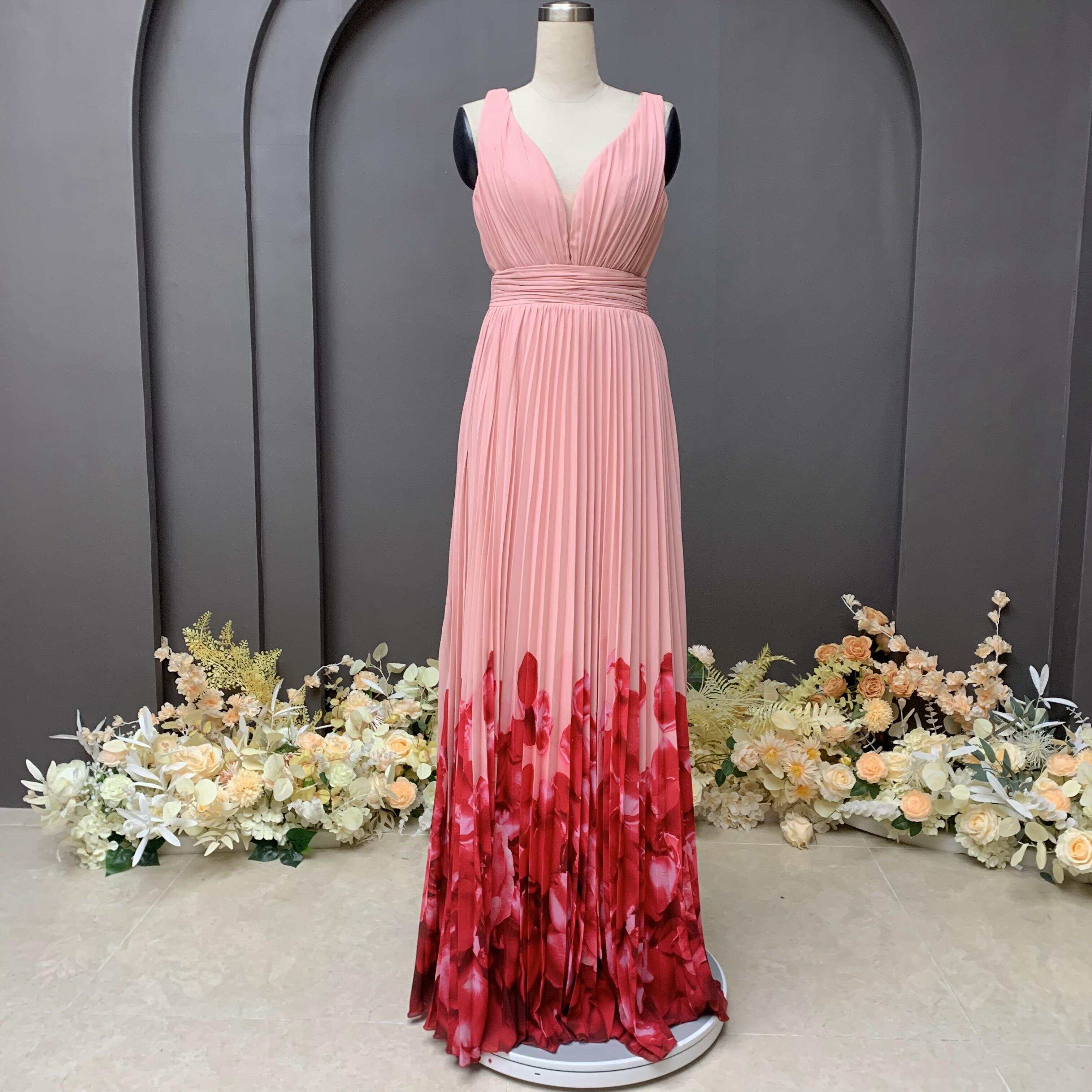 Formal floral print pleat evening dress