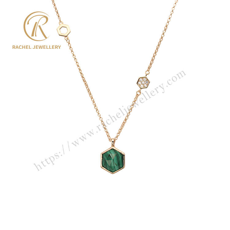 Hexagon Natural Malachite Rose Gold Silver Necklace