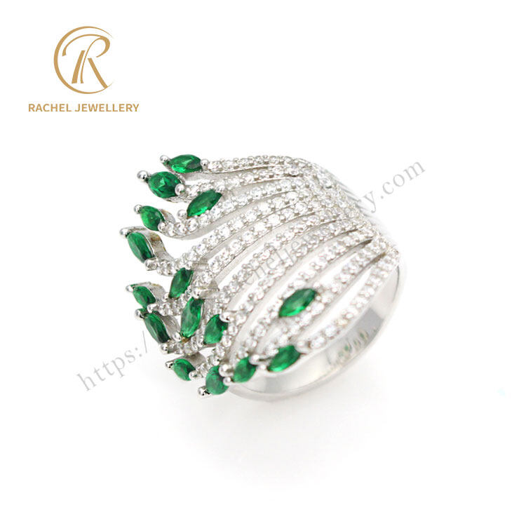 Beautiful Peacock Tail Green Marquise Silver Ring