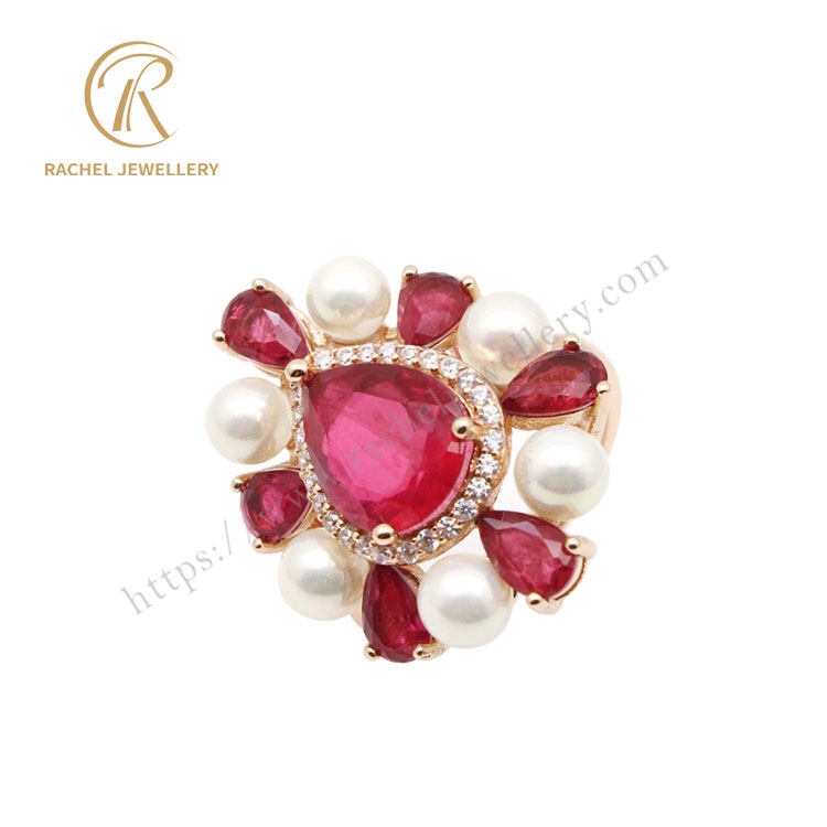 Grace Ruby Pear Round Pearl 925 Silver Ring
