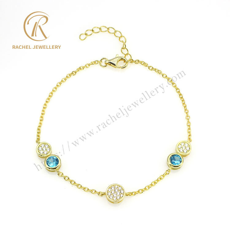 Round Aquamarine Design Yellow Gold Silver Bracelet