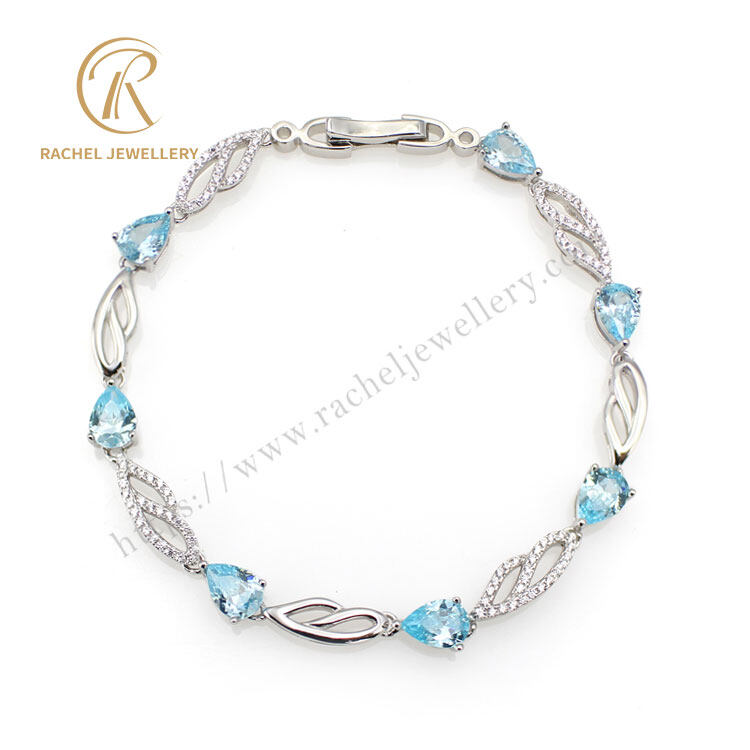 Classical Aquamarine Tennis Silver Bracelet Rhodium Plated