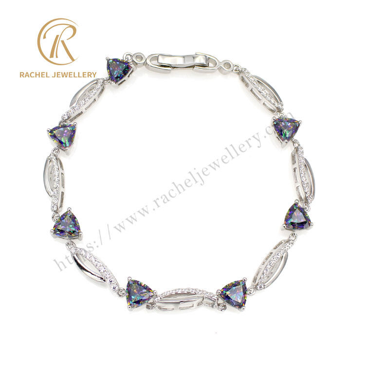 Mystic Crystal Fat Triangle Shaped Gems Silver Bracelet