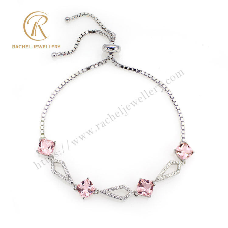 Fashion Silver Bracelet In New Pink Color Stone Rhodium Plated