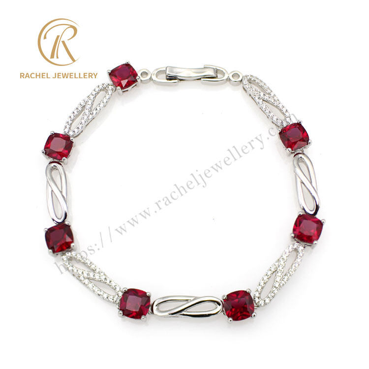 Classical Ruby Gem Stone Rhodium Plated Silver Bracelet