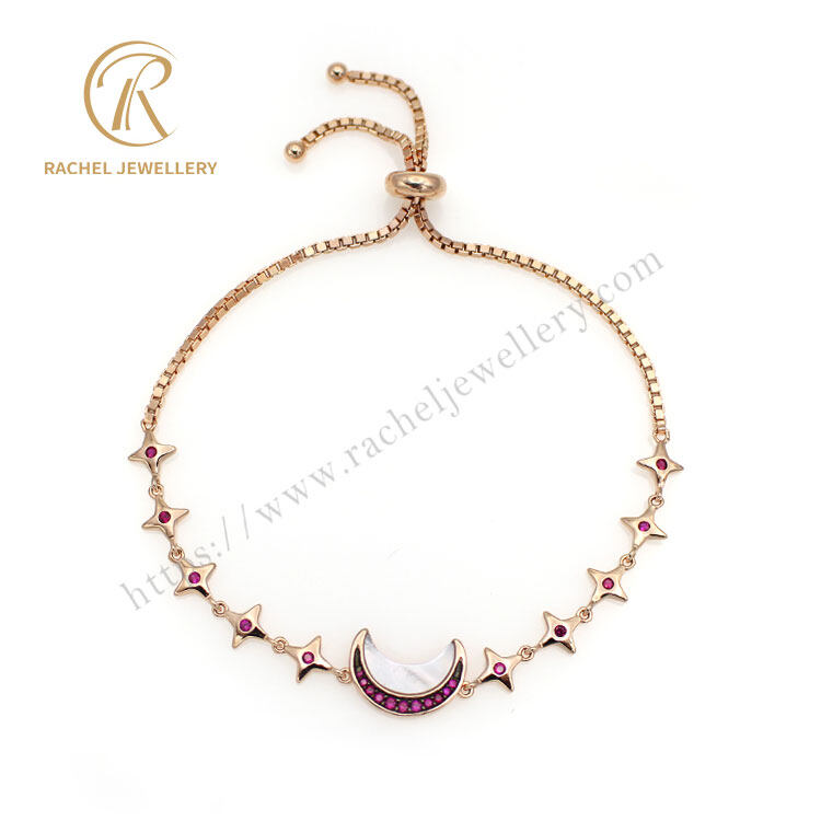 Shiny Fashion Shell Pearl Moon Ruby CZ Star S925 Silver Bracelet