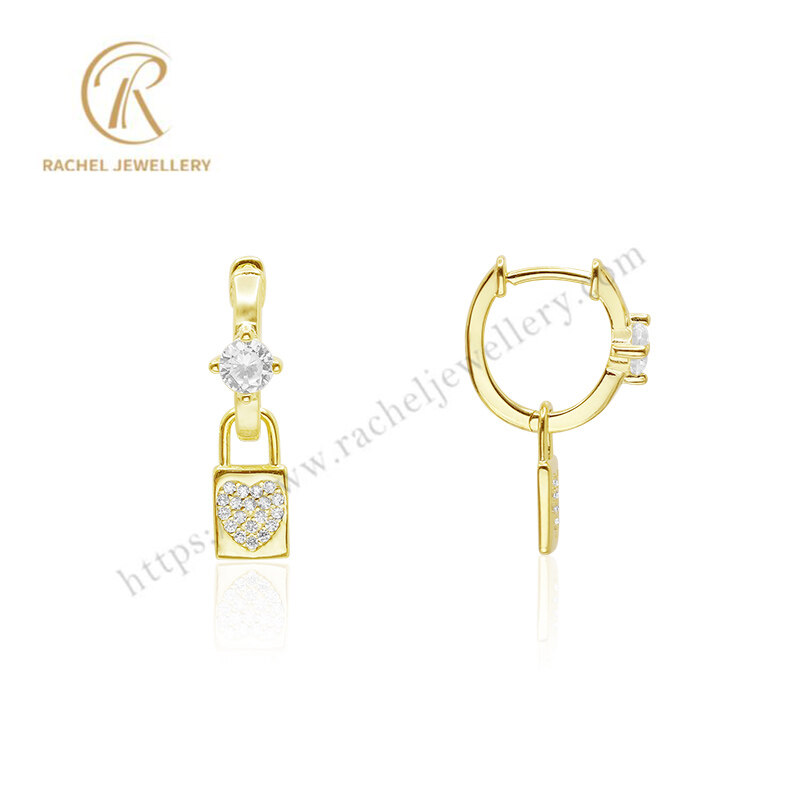 Gold Color Heart And Lock Round Diamond Cut Stone S925 Earring