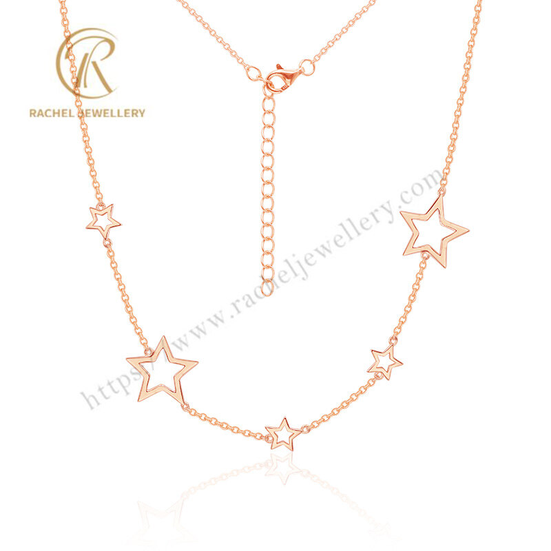 Delicate Women Silver CZ Star Shape Pendant Necklace Rose Gold Plated