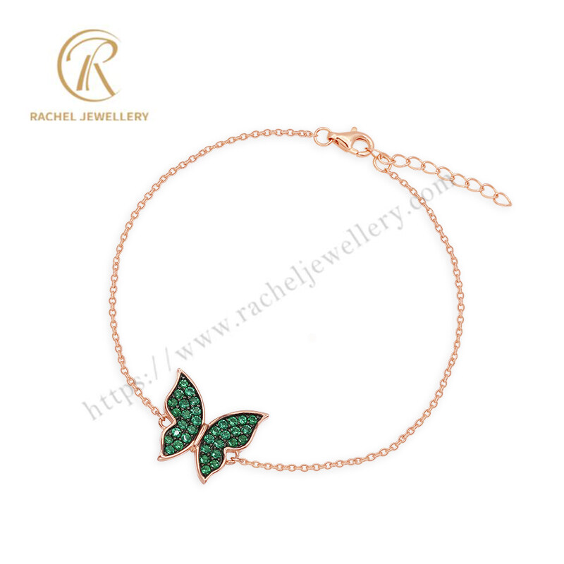 New Arrival Elegant Emerald Butterfly Sterling Silver Bracelet