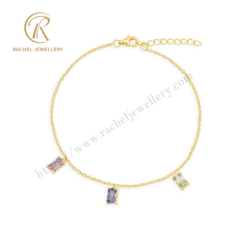Delicate Amethyst Baguette Adjustable Chain Silver Bracelet