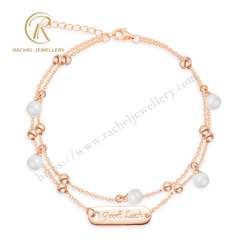 Good Luck Plate Rose Gold Plated Plus Pearl And Silver Ball Bracelet