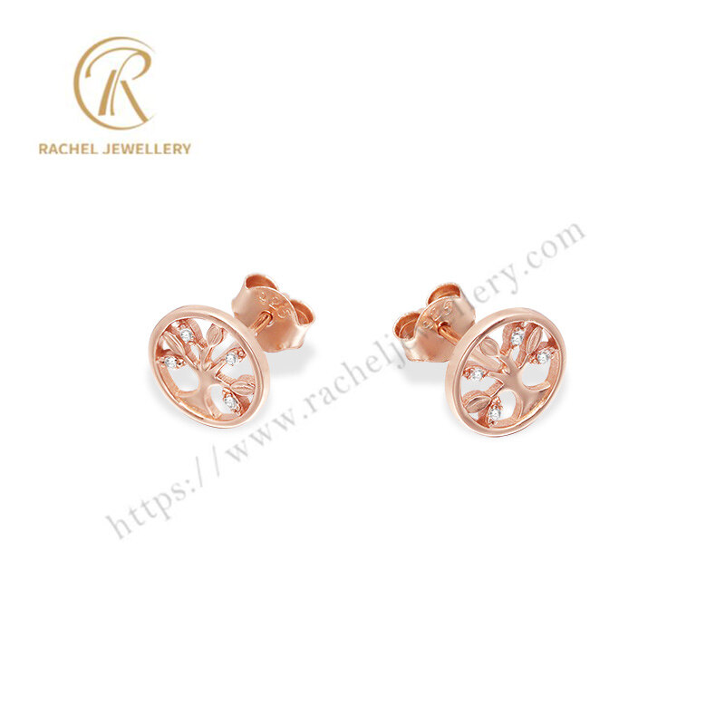 Wholesale Factory Price Life Tree Rose Gold Plated Sterling Silver Earrings