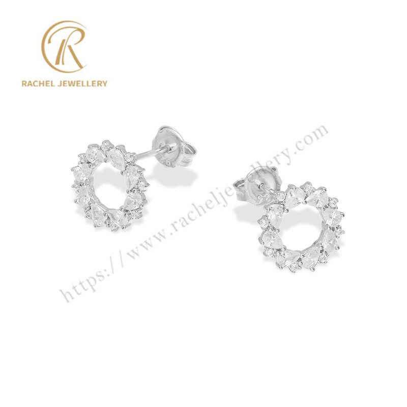 Factory Wholesale Full Clear Pear Stone Round Circle Silver Earrings