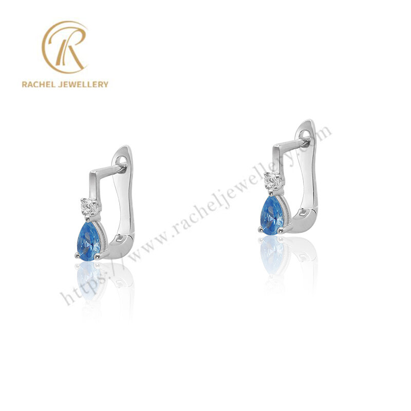 High Quality London Blue Pear White Gold Plated Silver Earrings