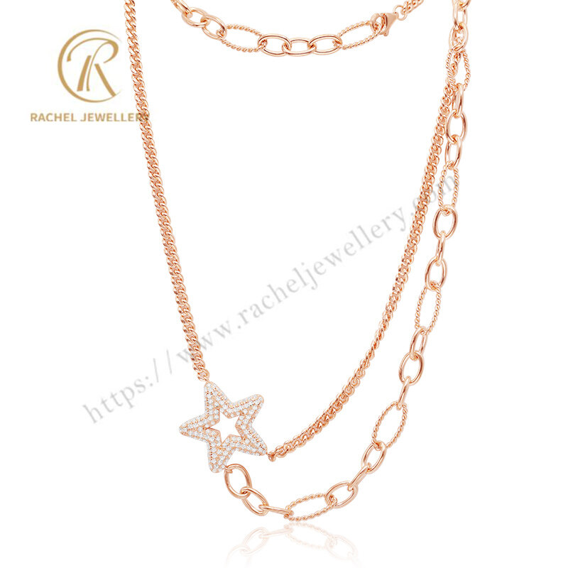 Luxury Big Star Inlay CZ With Popular Chain Link Silver Necklace