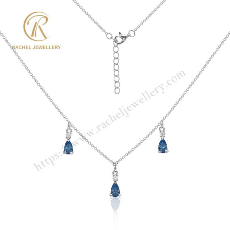 Factory Hot Sell London Blue Pear CZ Silver Necklace
