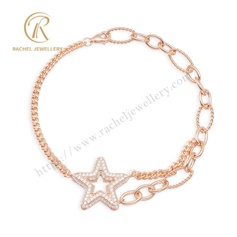 Fashion New Rose Gold Plated Big Star CZ Adjustable Bracelet 925 Sterling Silver