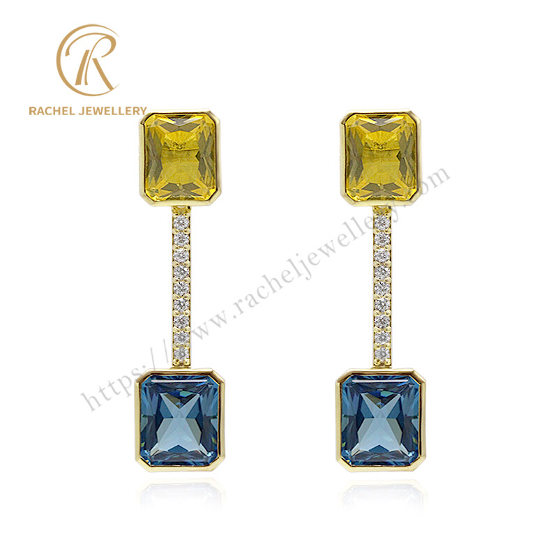 Fancy Yellow And Blue Gemstone 925 Silver Earrings Gold Plated