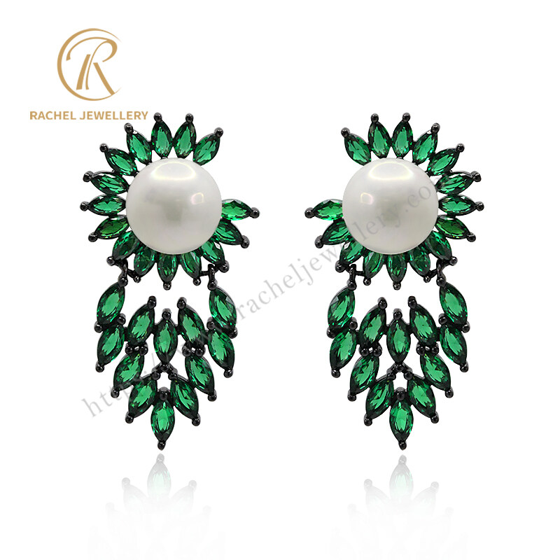 Emerald Marquise With Pearl Blooming Flower Silver Earrings