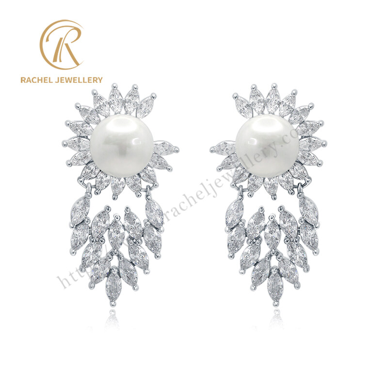 Clear White 5A Marquise And Pearl Silver Earrings