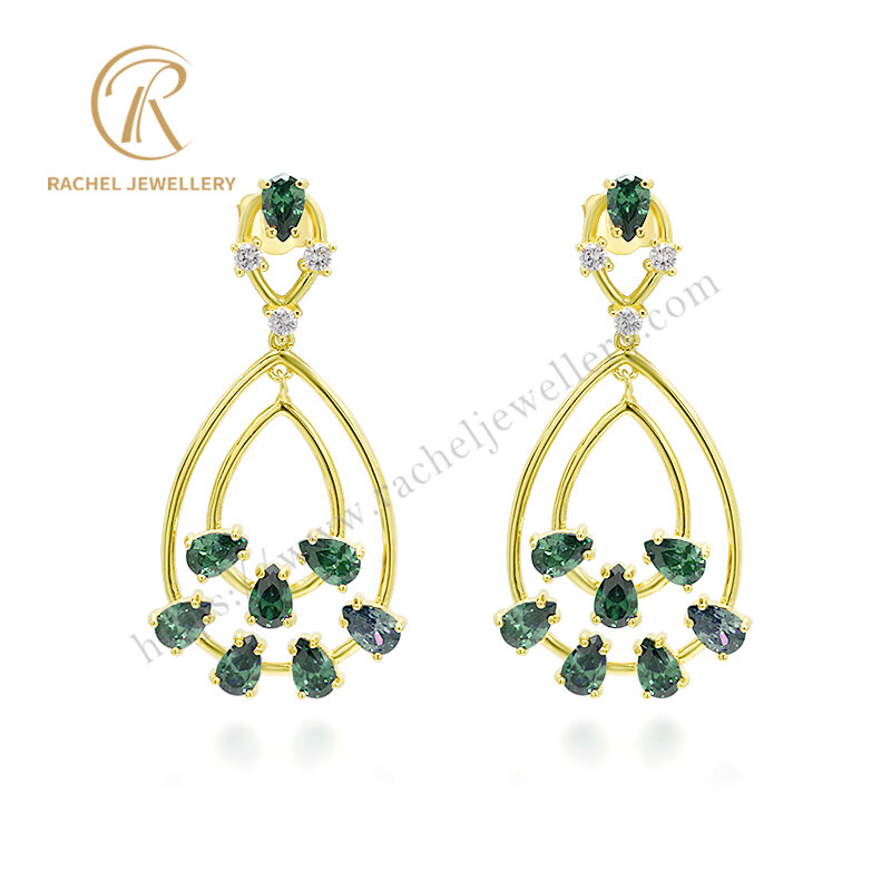 Fashion Silver Earrings Emerald Stones Hand Set Yellow Gold Plated