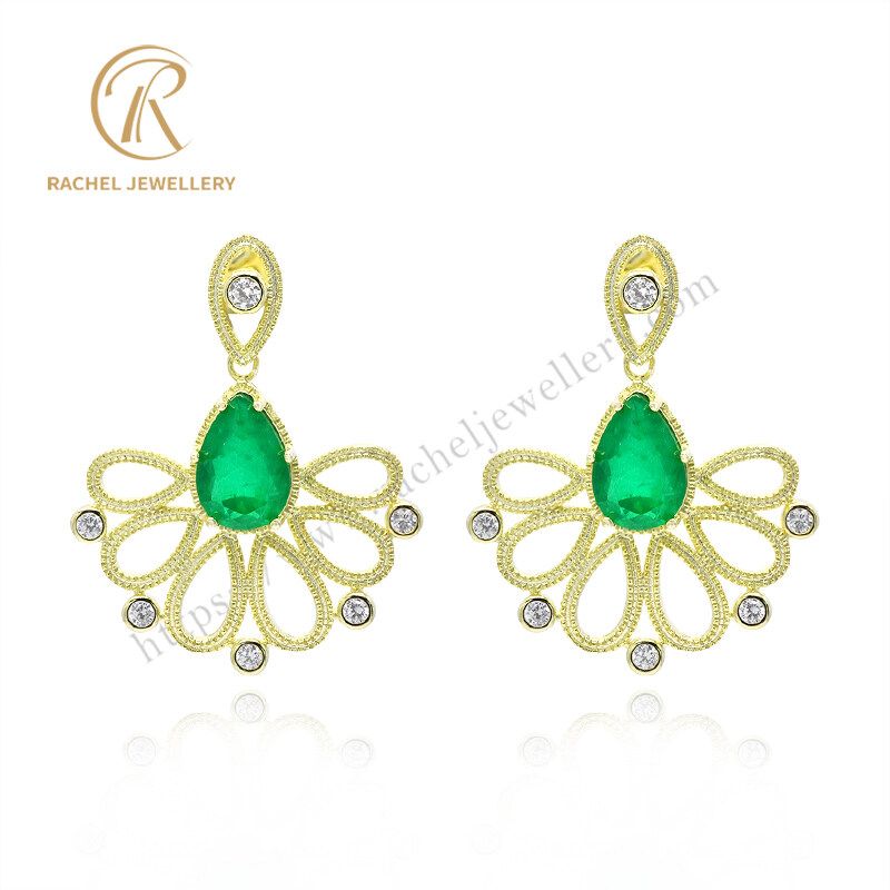 Wholesale Butterfly Design Emerald Big Pear Yellow Gold Silver Earrings