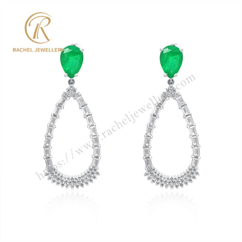 Fashion Pure Emerald Gemstone Lady 's Silver Earrings