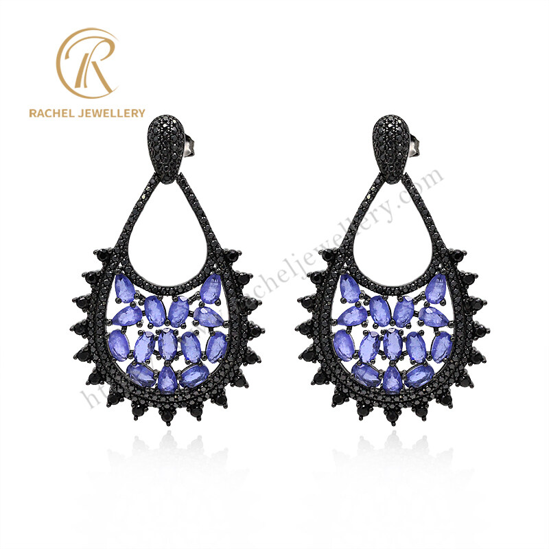 Wholesale Dark Blue Gemstone Black Plated Women Silver Earrings