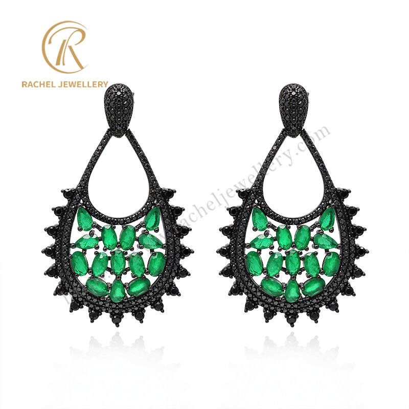 Factory Price Emerald Gemstone Black Plated Women Silver Earrings