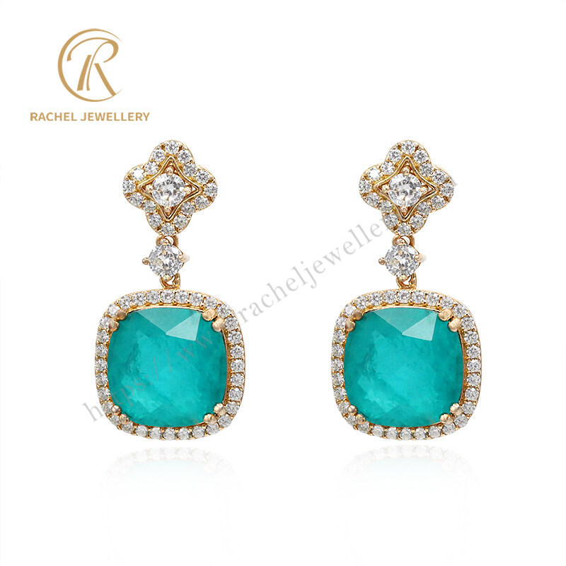 New Arrival Retro Style Big Blue Fat Square Gemstone Silver Earrings