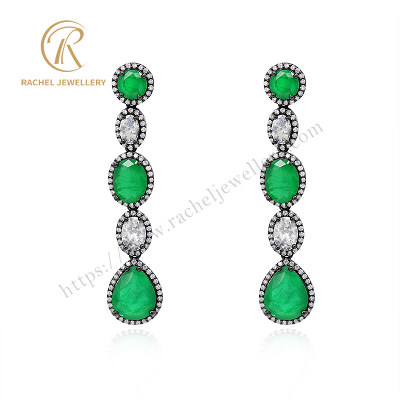 Classical Long Emerald Drop 925 Sterling Silver Ear Drops Earrings