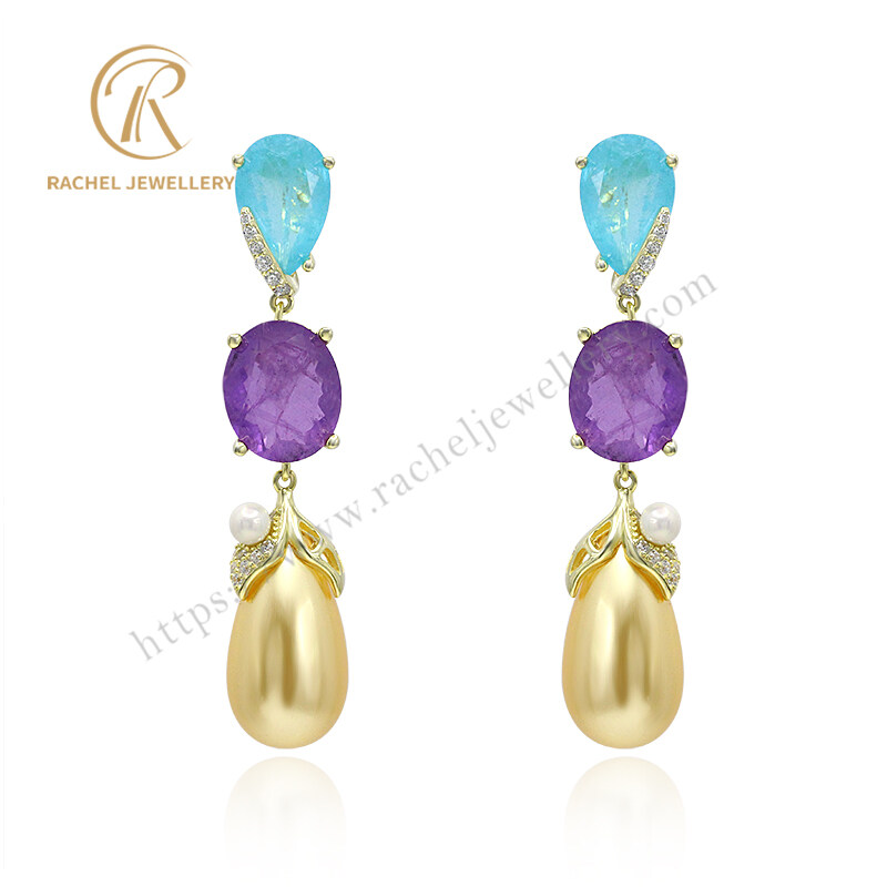 Bright-colored Gemstone With Big Pear Pearl Drop Silver Earrings