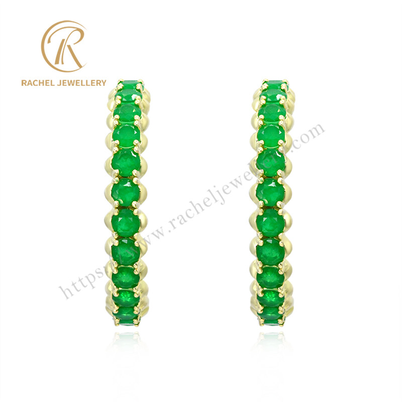 Popular Full Emerald Gemstone Huggie 14K Gold Plated Silver Earrings