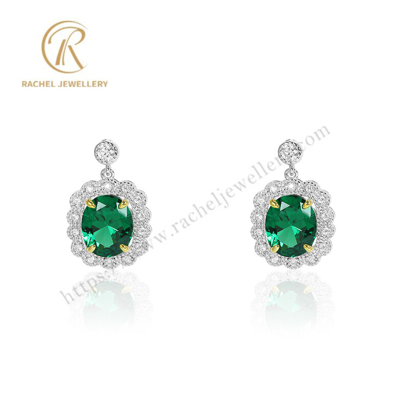 Rachel Jewellery 2023 collection Emerald Oval With Gold Prong Setting Silver Earrings