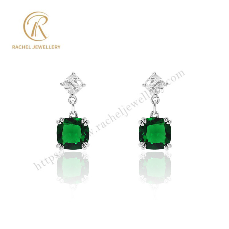 Rachel Jewellery Big Emerald Cushion Rhodium Plating Sterling Silver Earrings