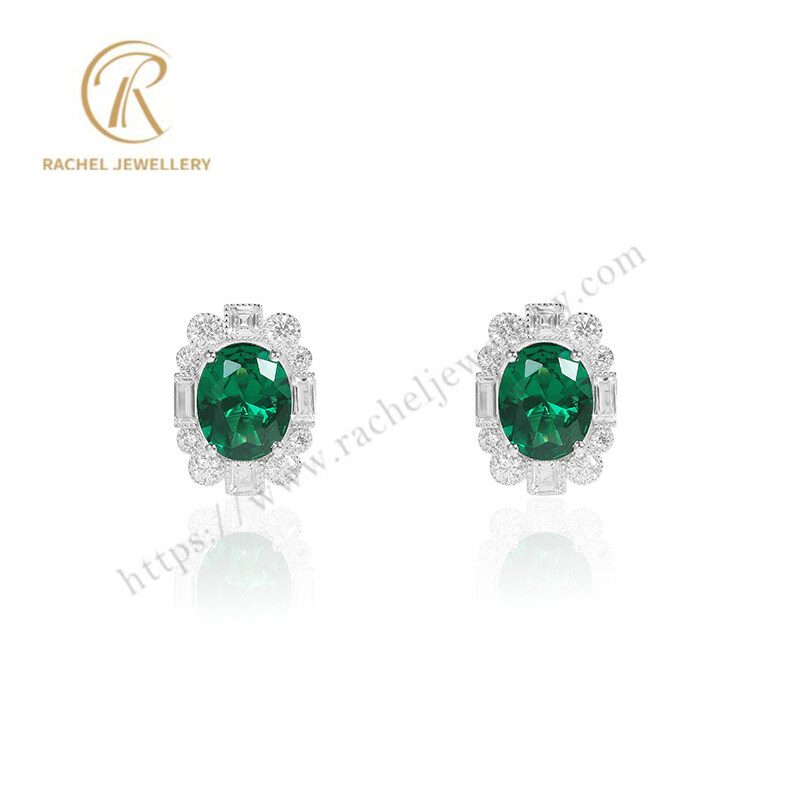 Rachel Jewellery Classical Emerald Oval Hand Setting Fancy Sterling Silver Earrings
