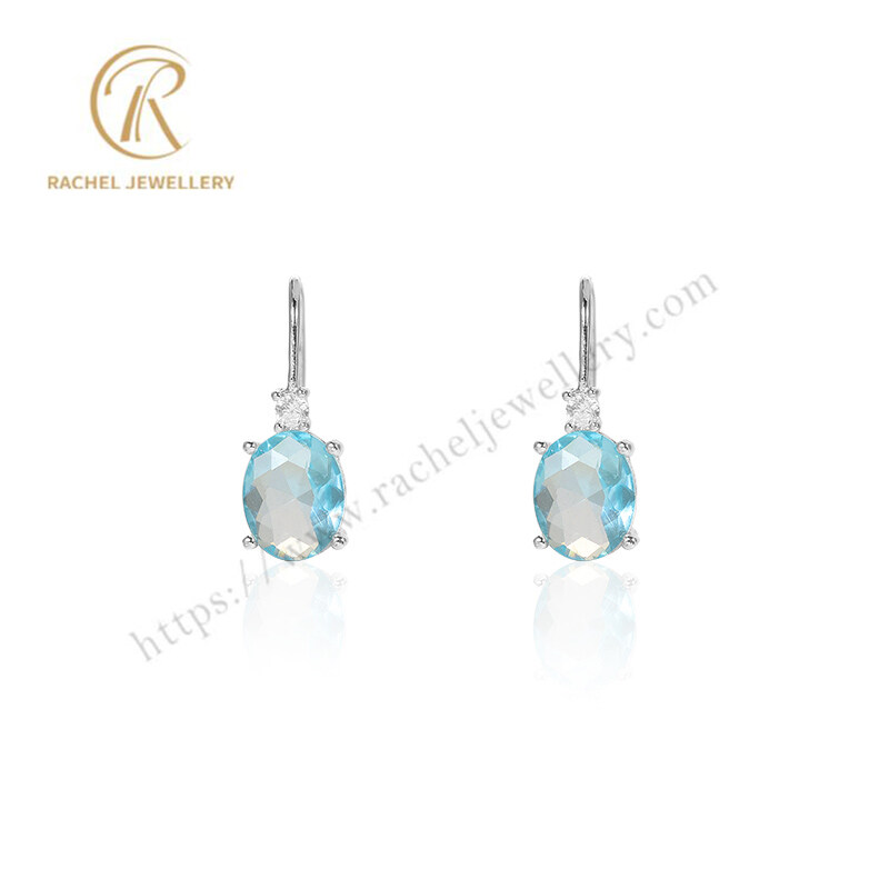 Rachel Jewellery Simple Aquamarine Oval Rhodium Silver Earrings