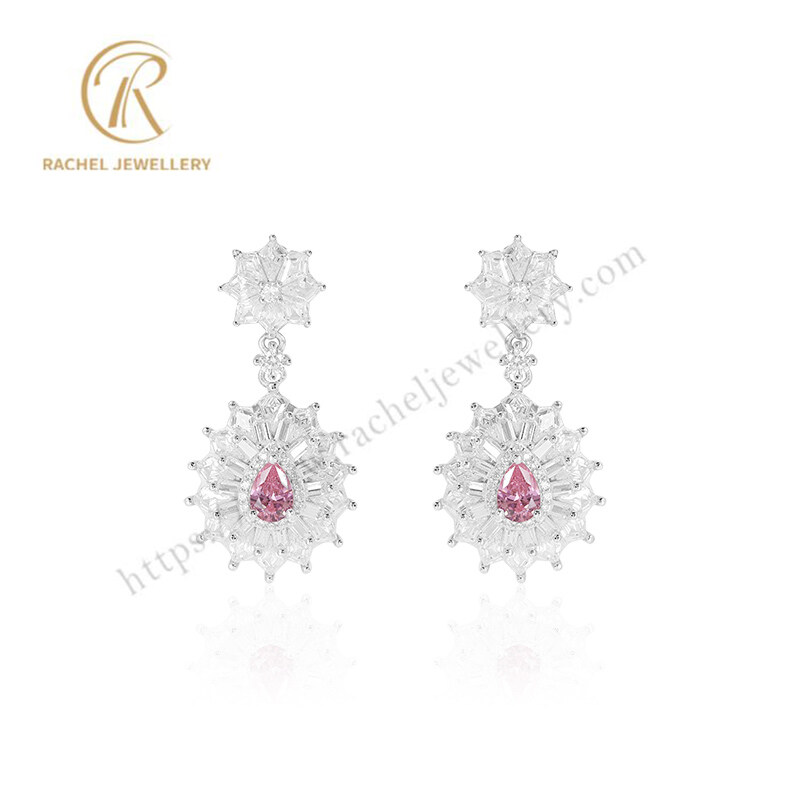 Luxury Pink Gemstone Flower Blooming Silver Earrings