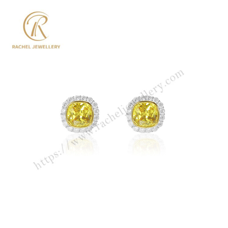 Rachel Jewellery Hot Sale Classical Yellow CZ Cushion Hand Setting Sterling Silver Earrings