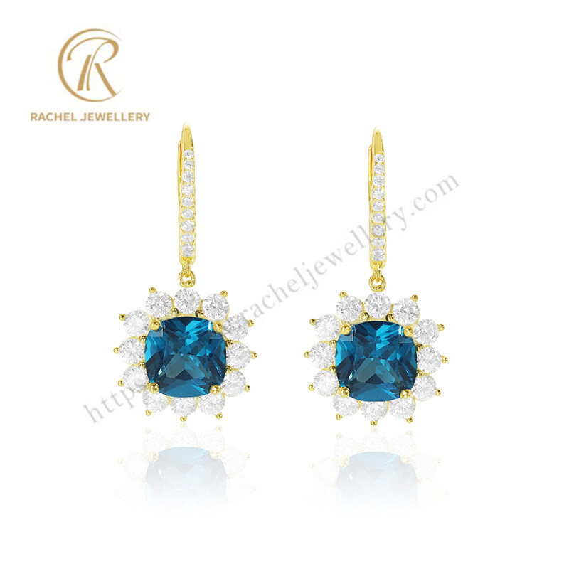 Rachel Jewellery Dark Blue Topaz Cushion Yellow Gold Plating Sterling Silver Earrings