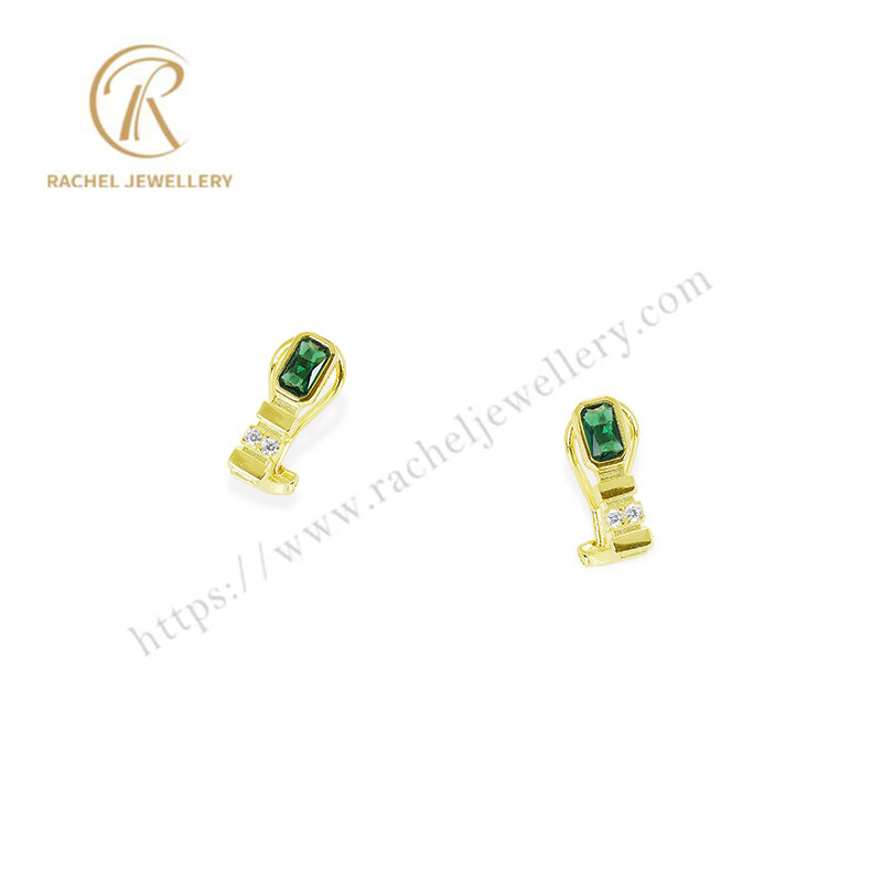 Simple Cute Emerald 925 Silver Earrings Yellow Gold Plating