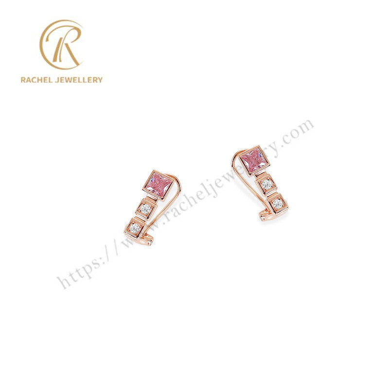 Simple Pink Square 925 Silver Earrings Yellow Gold Plating