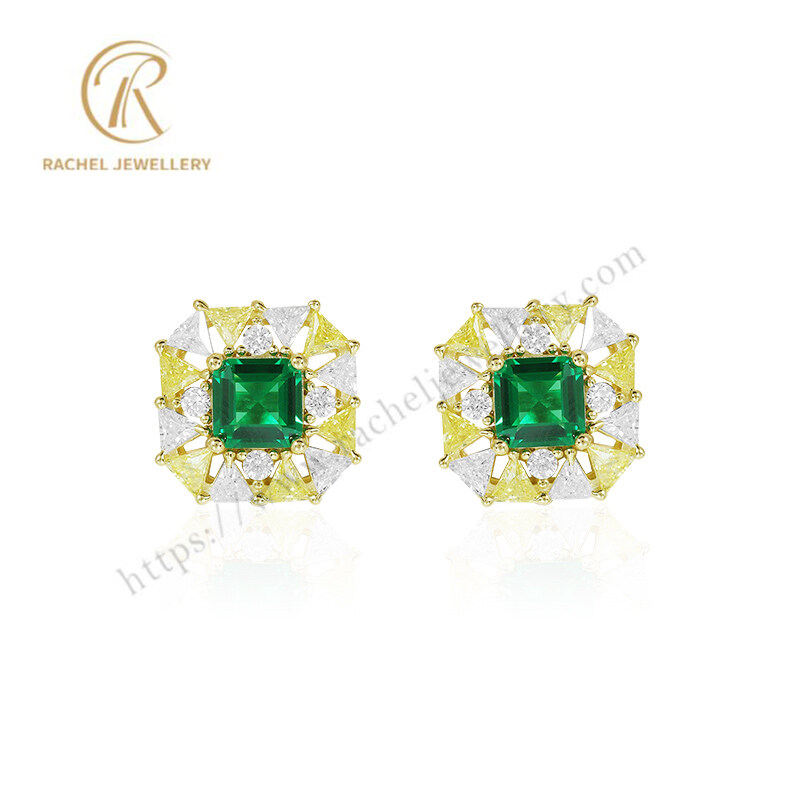 Unique Emerald Yellow Combination CZ 925 Silver Earrings