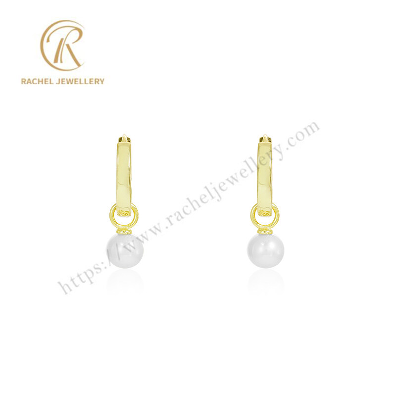 Round Fresh Water Pearl Yellow Gold 925 Silver Earrings Huggie