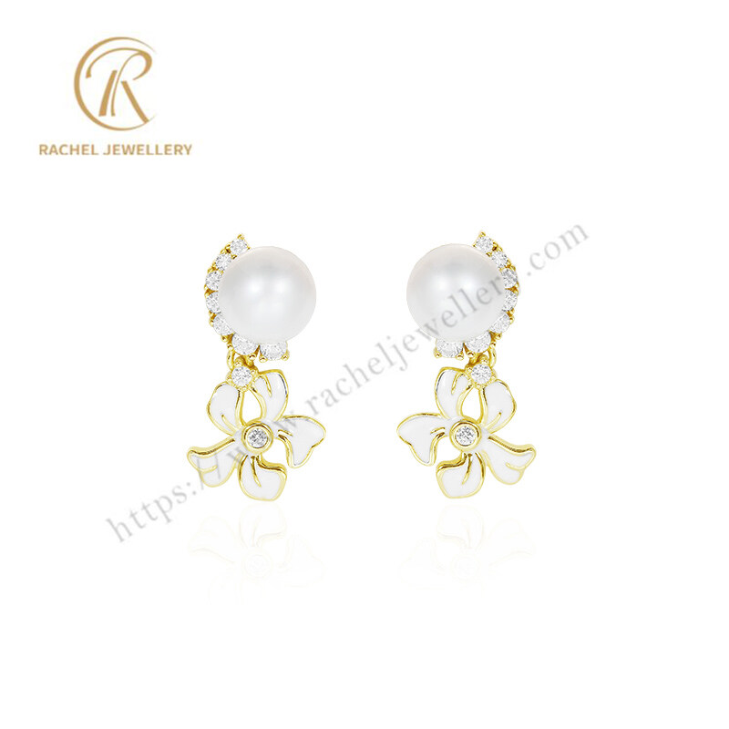 Elegant White Pearl Enamel Flower 925 Silver Earrings