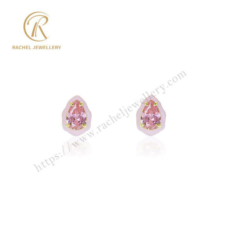 Shine Pink CZ Pink Enamel Pear Silver Earrings