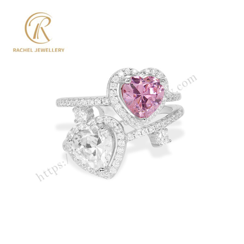 Two Heart Pink White Zircon Luxurious Silver 925 Ring