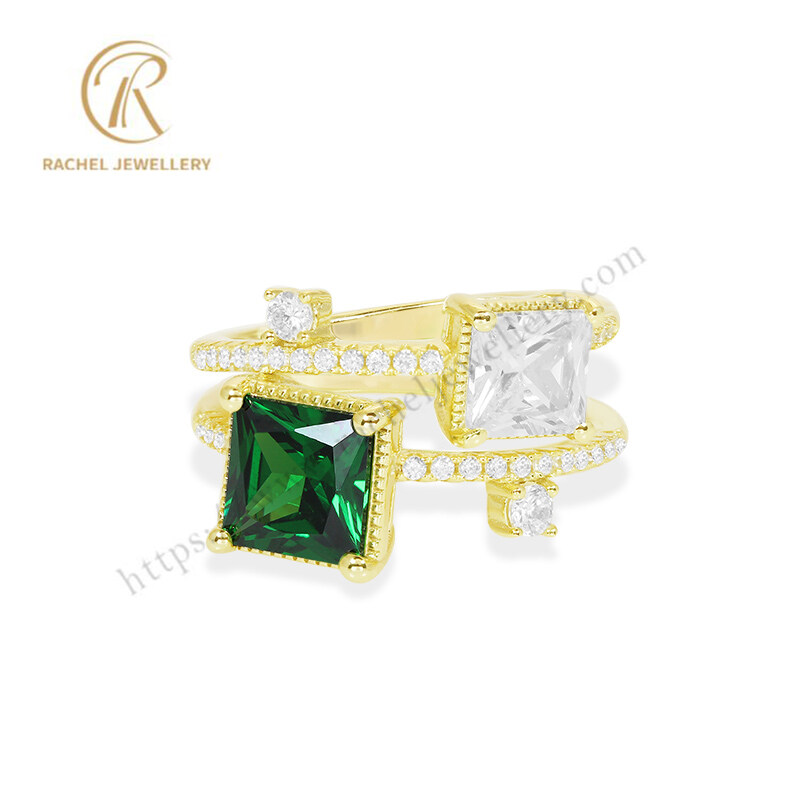 Two Lines Emerald Zirconia Stylish Silver Ring for Girl