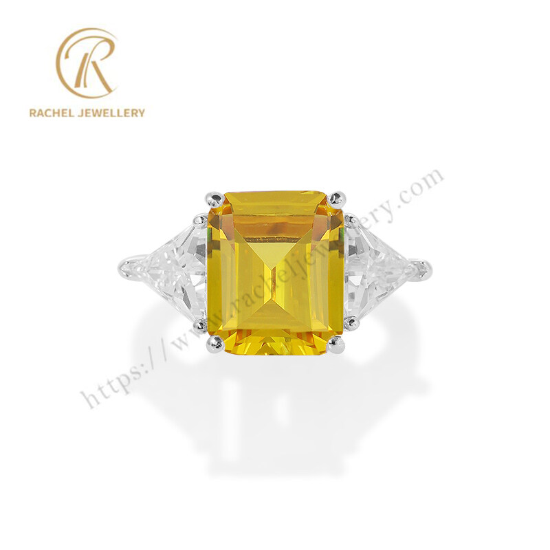 Fancy Citrine Emerald Cut Yellow Gemstone Silver Ring